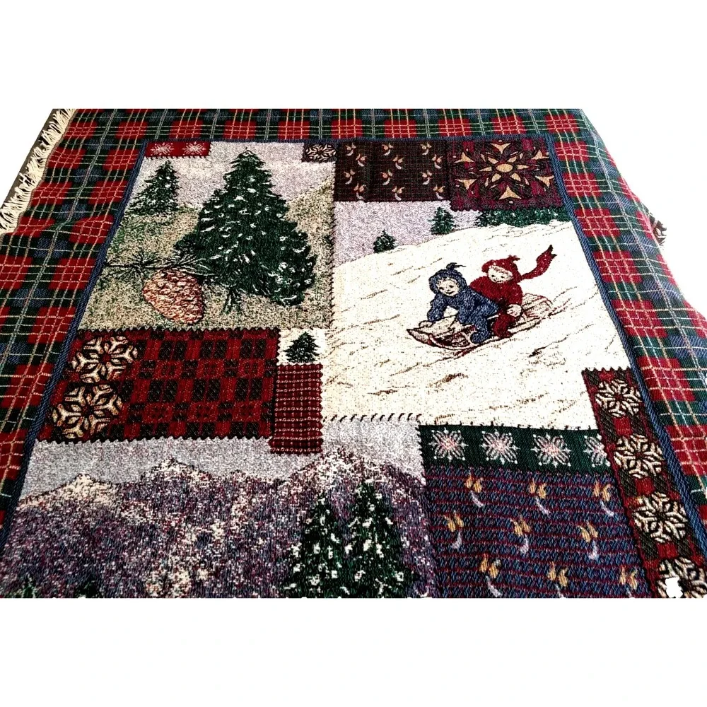 Goodwin Weavers Tapestry Throw Blanket Christmas 100% Cotton Plaid Green Red USA